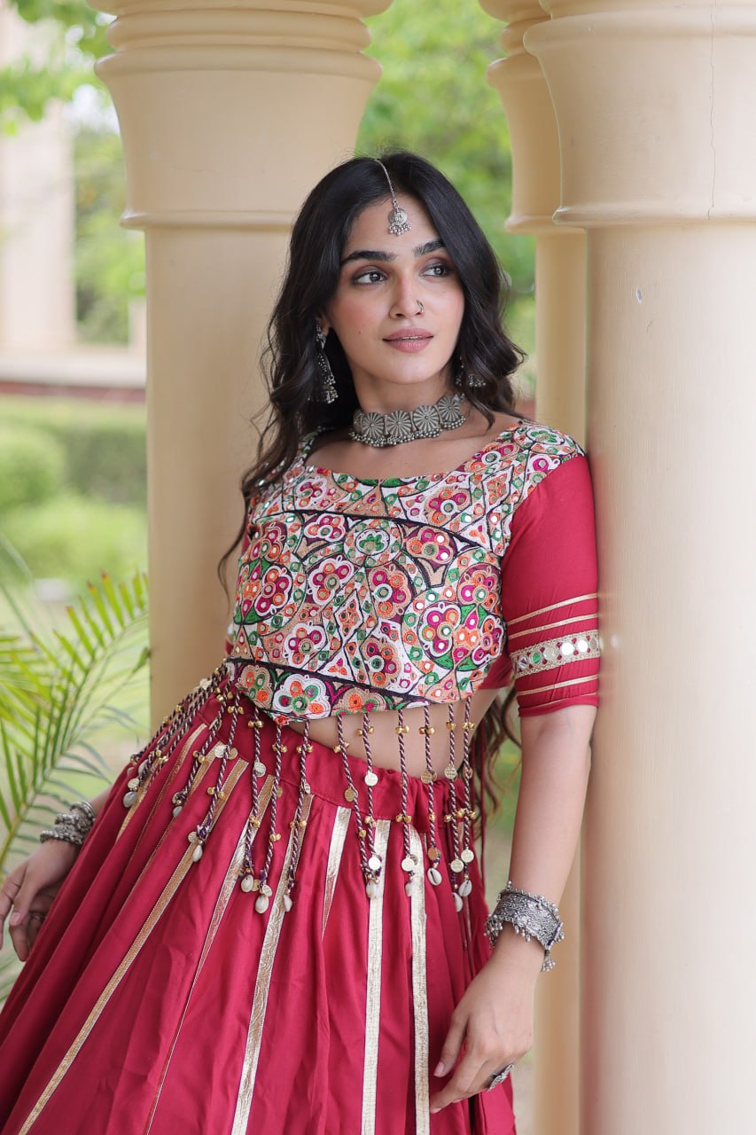 Red Reyon Lehenga Choli with Mirror work