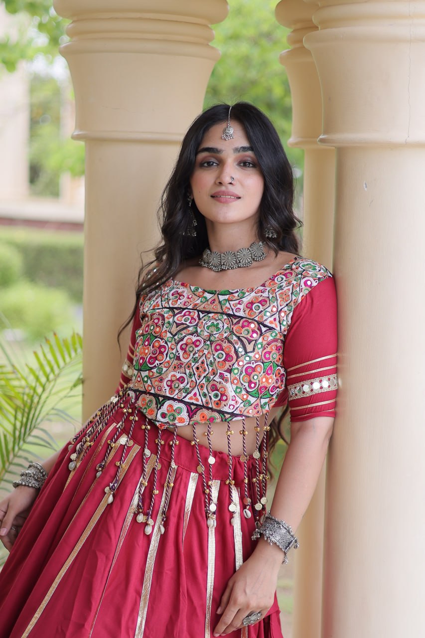 Red Reyon Lehenga Choli with Mirror work