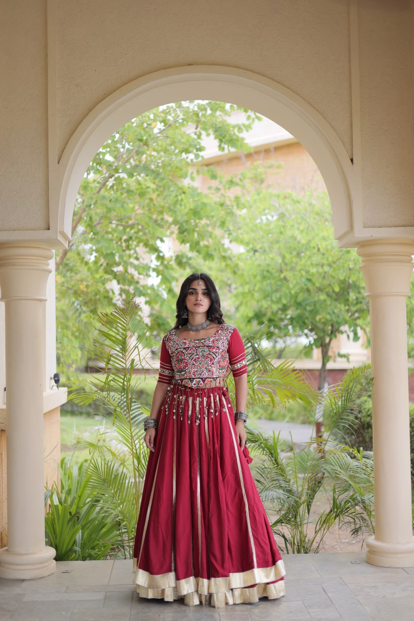 Red Reyon Lehenga Choli with Mirror work