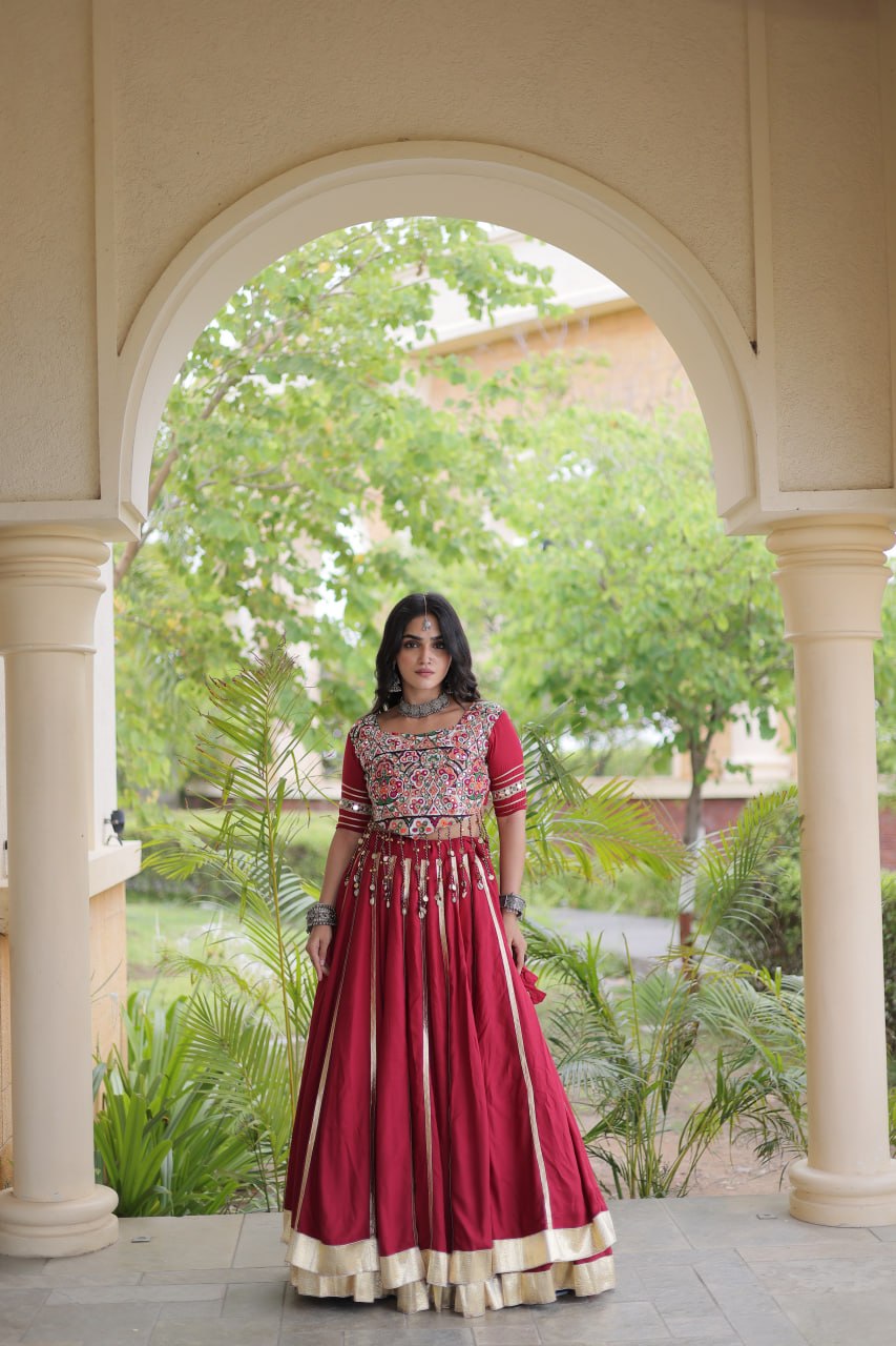 Red Reyon Lehenga Choli with Mirror work