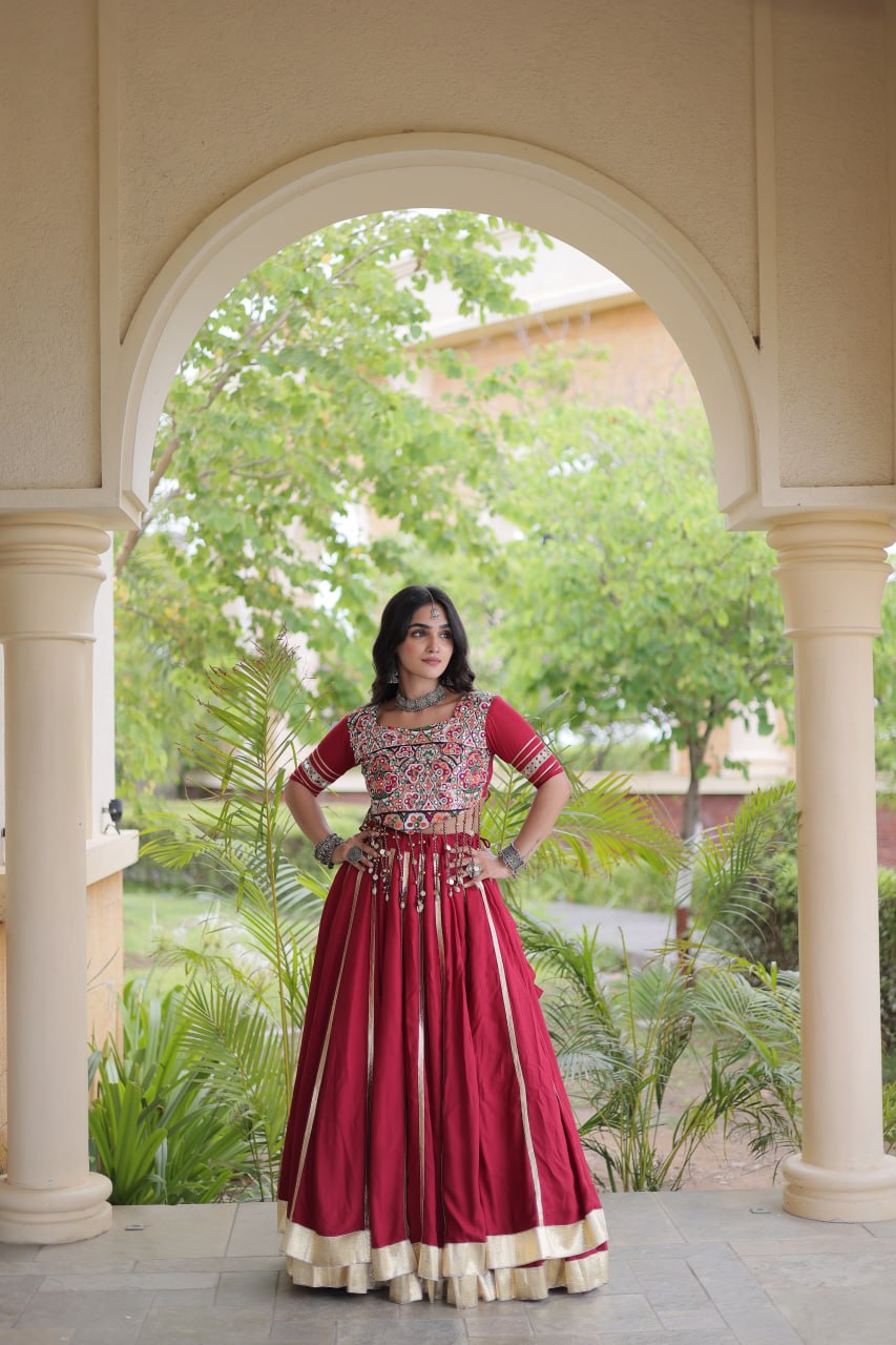 Red Reyon Lehenga Choli with Mirror work