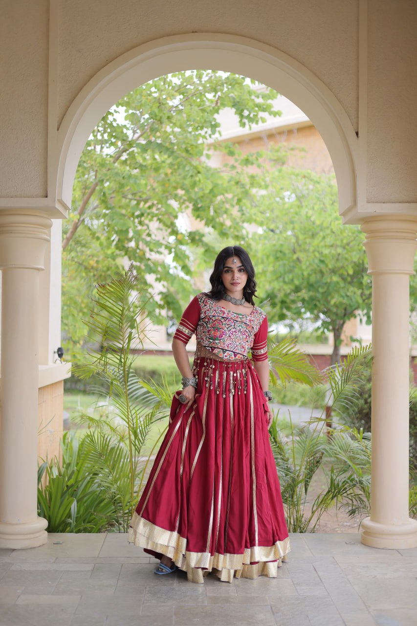 Red Reyon Lehenga Choli with Mirror work