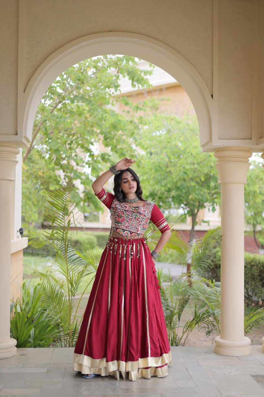Red Reyon Lehenga Choli with Mirror work
