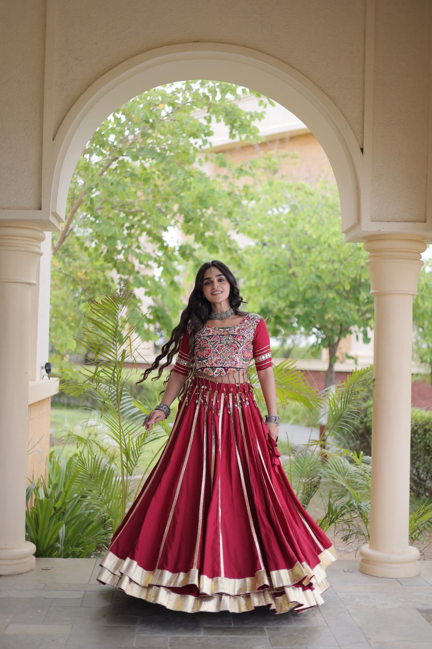 Red Reyon Lehenga Choli with Mirror work
