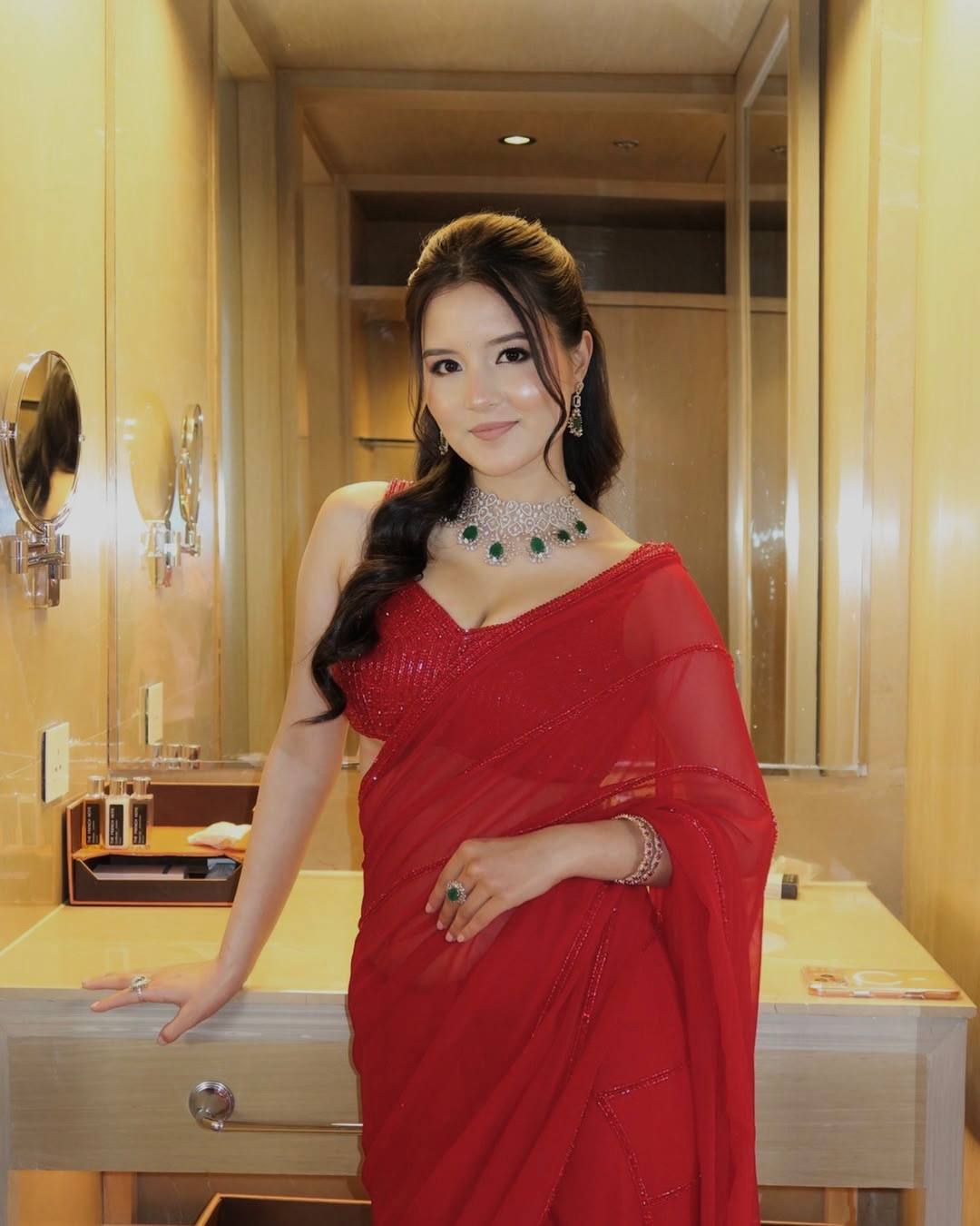 Red Saree with Sequin Work
