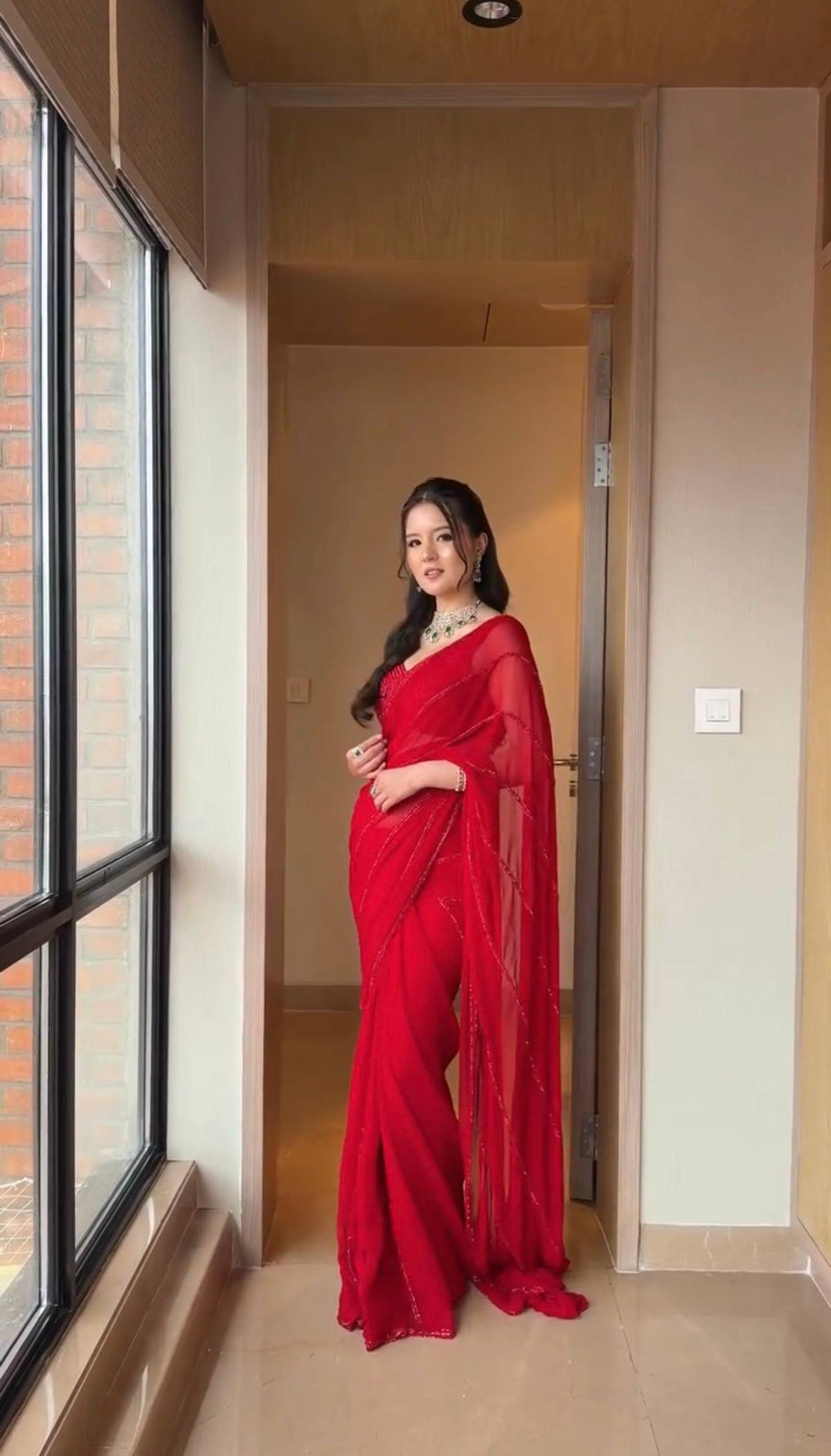 Red Saree with Sequin Work