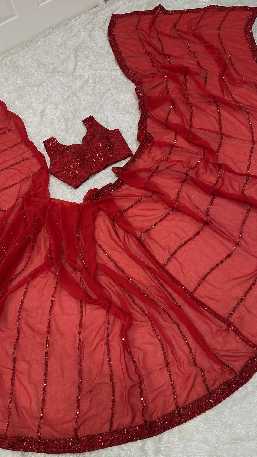 Red Saree with Sequin Work