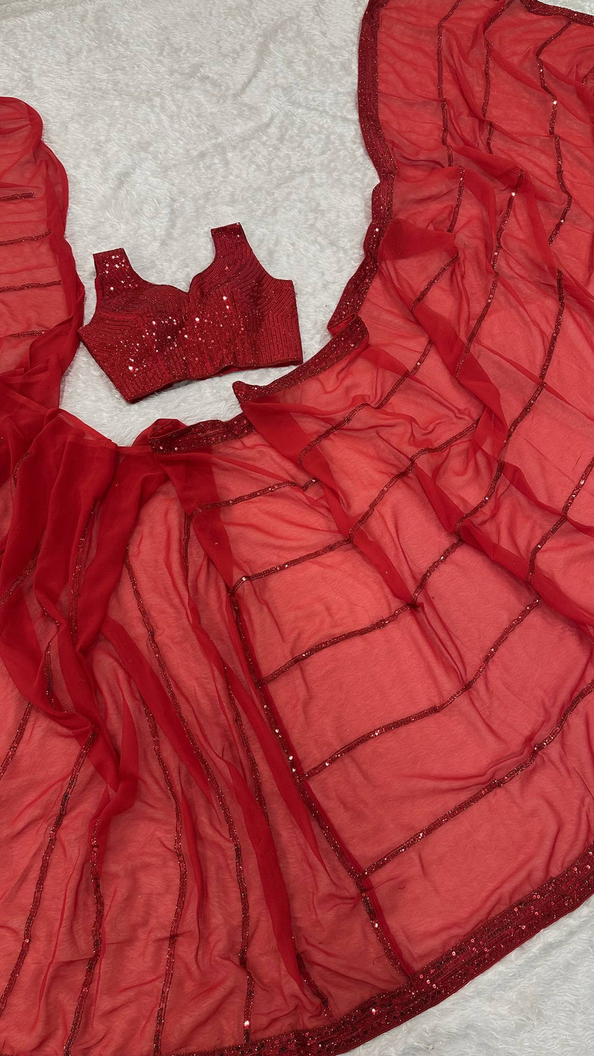 Red Saree with Sequin Work