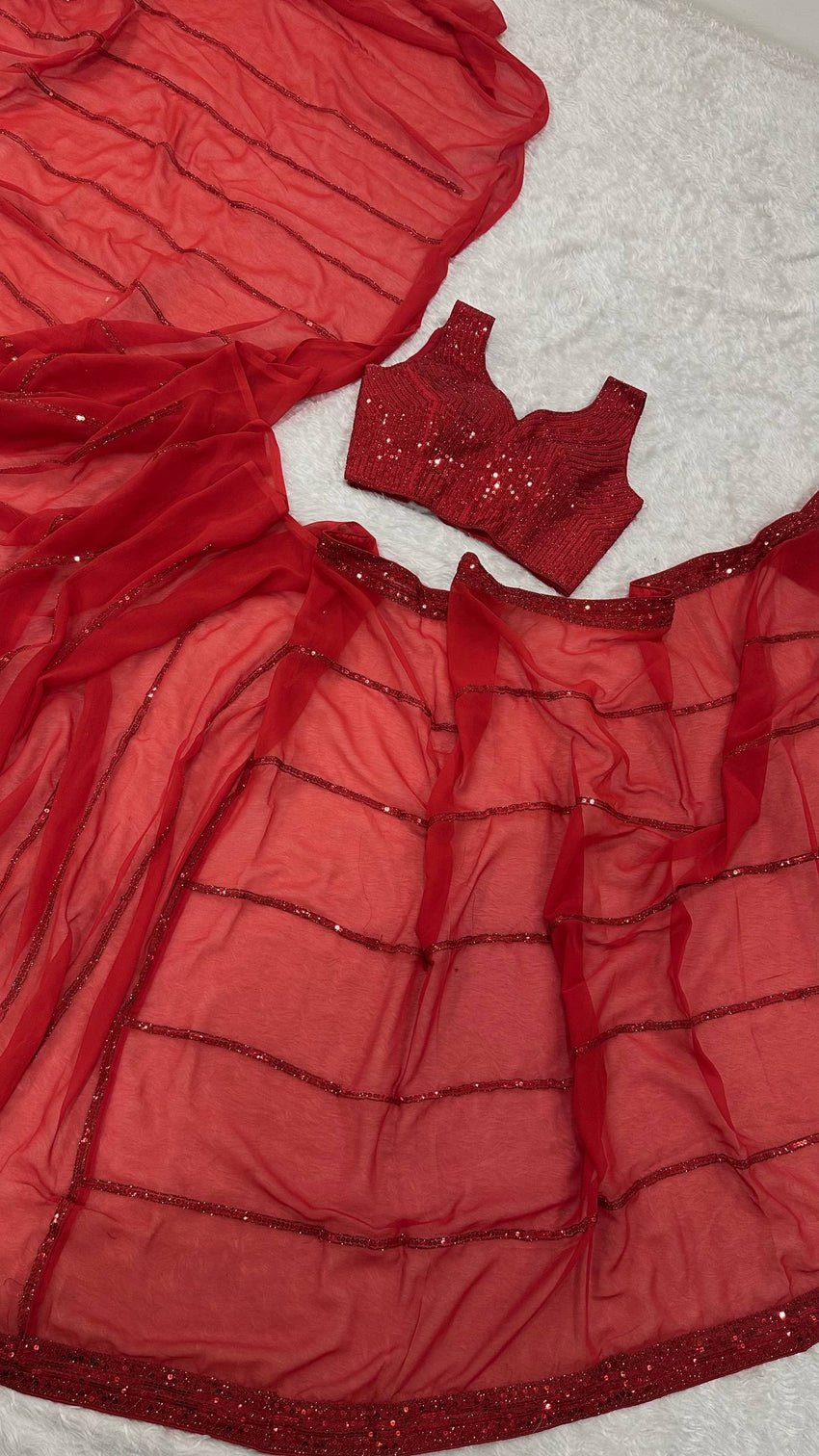 Red Saree with Sequin Work