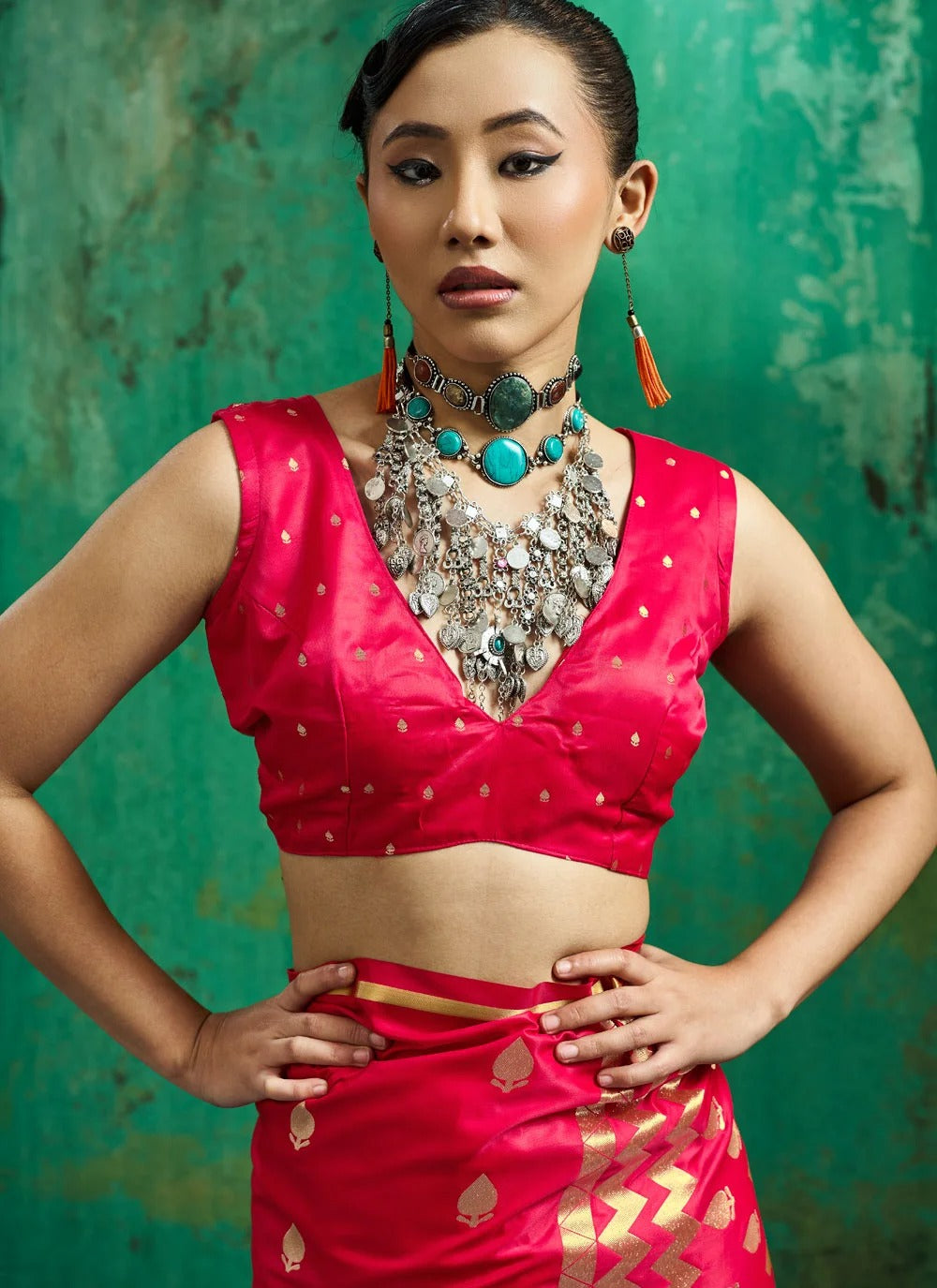 Red pure satin handloom saree in contemporary style