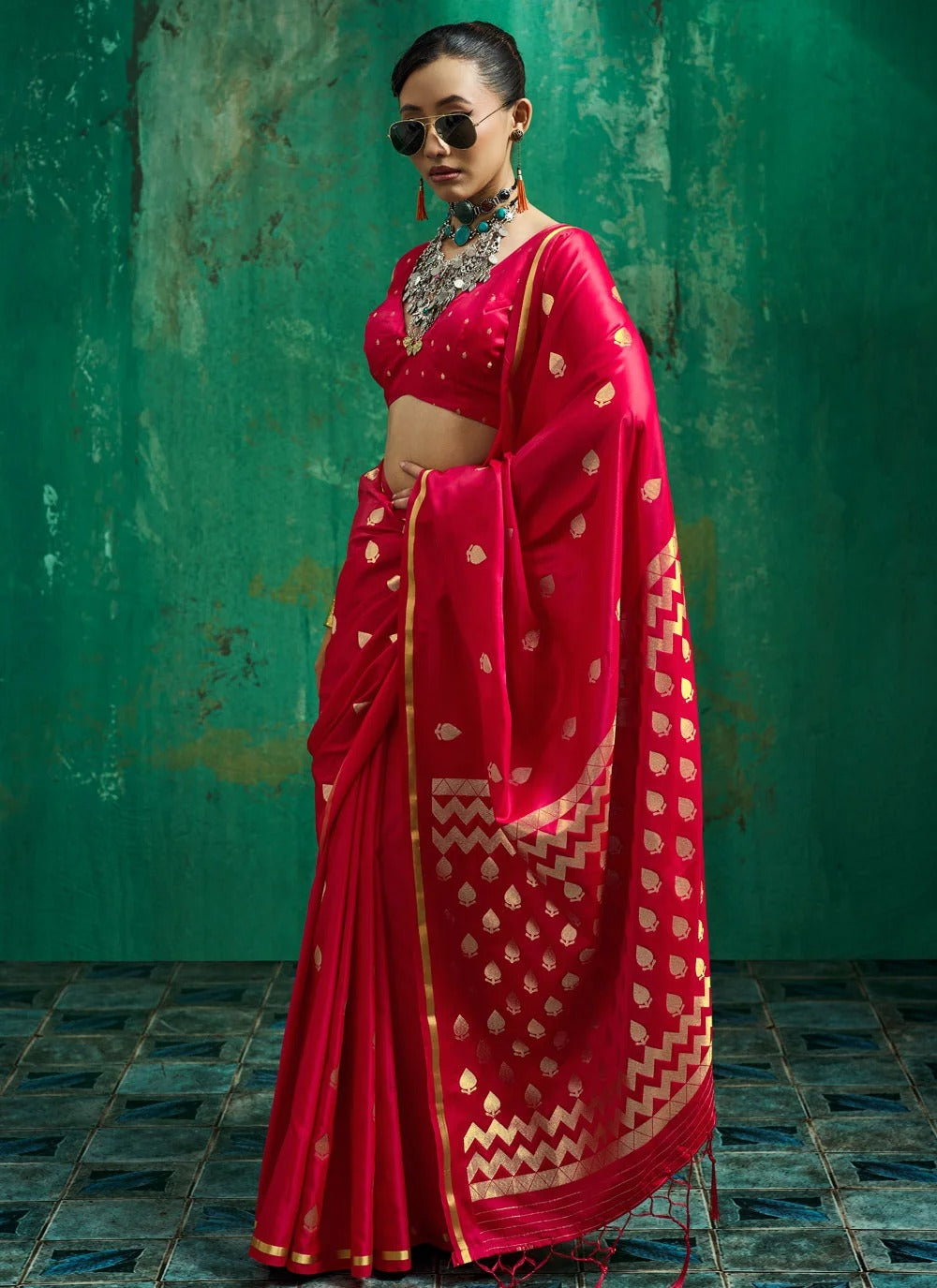 Red pure satin handloom saree in contemporary style