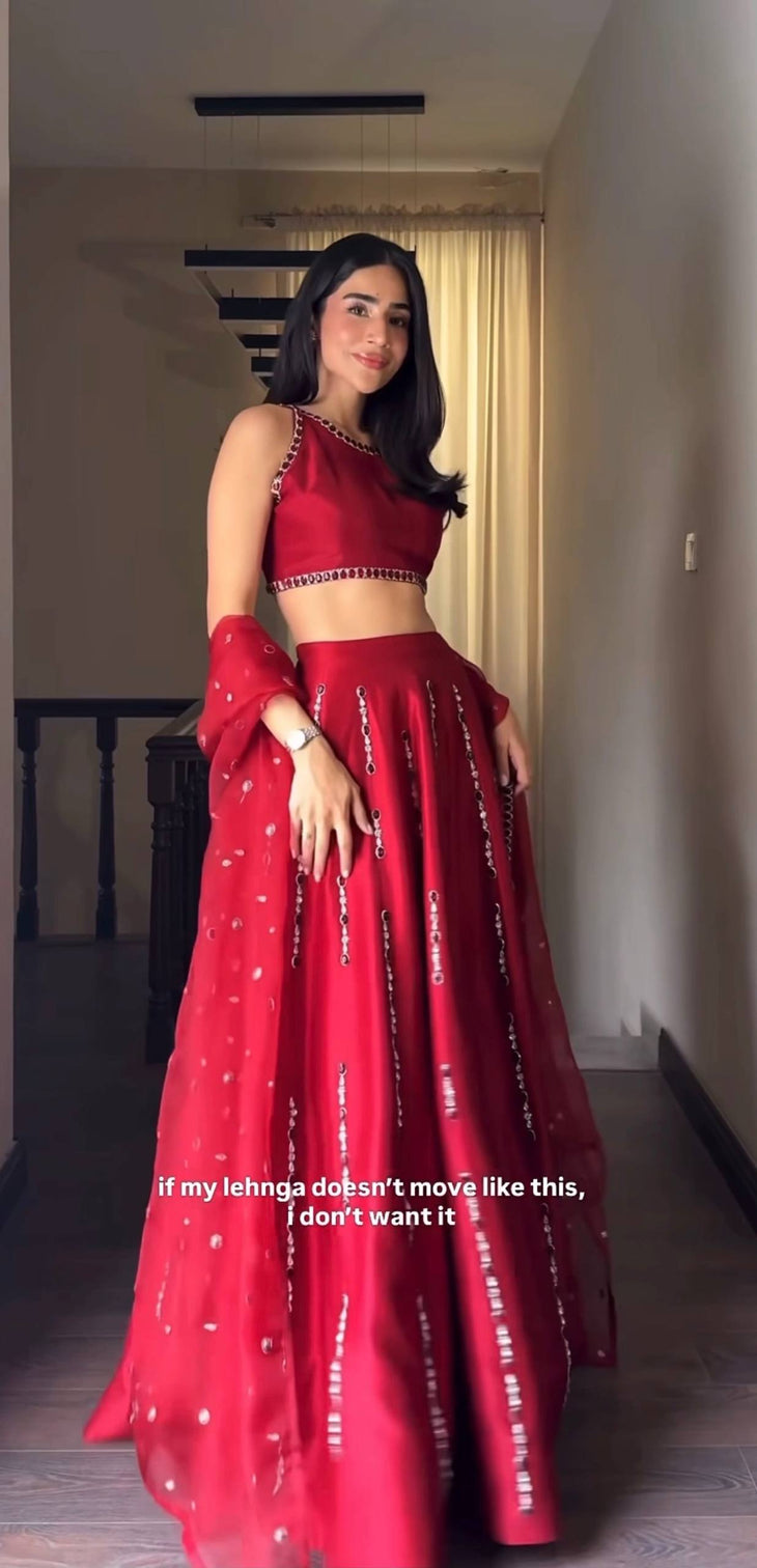 Red Satin Silk Mirror Work Lehenga