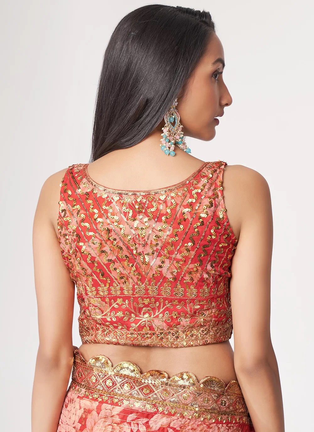 Red sequins embroidery work with digital print saree