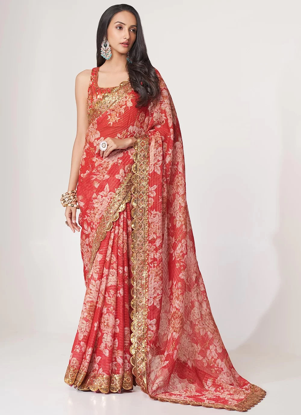 Red sequins embroidery work with digital print saree