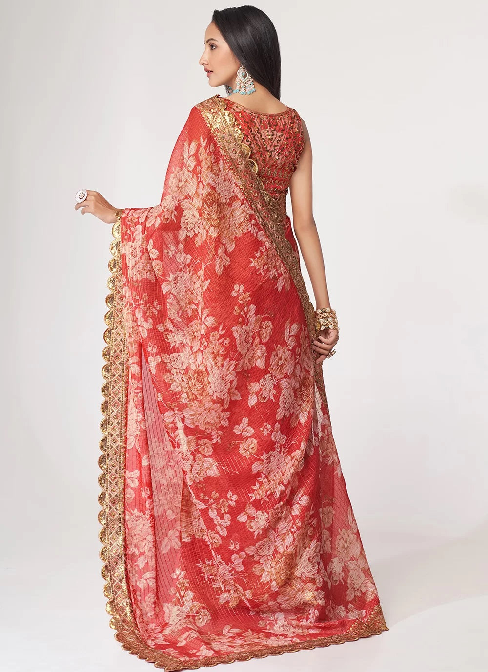 Red sequins embroidery work with digital print saree