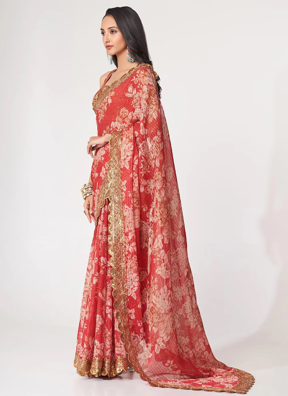 Red sequins embroidery work with digital print saree