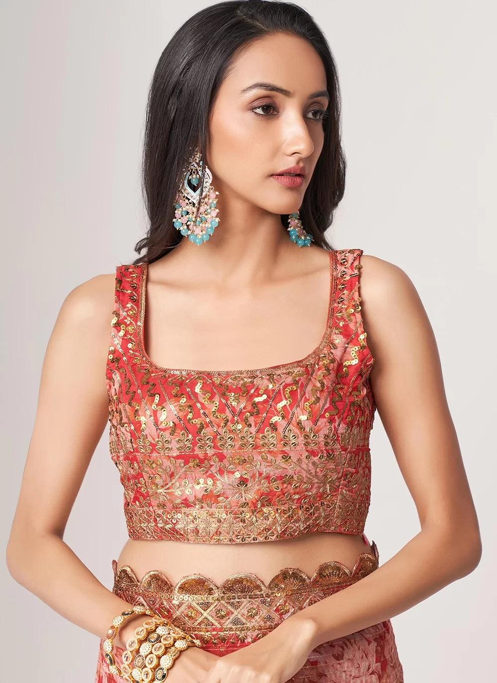 Red sequins embroidery work with digital print saree