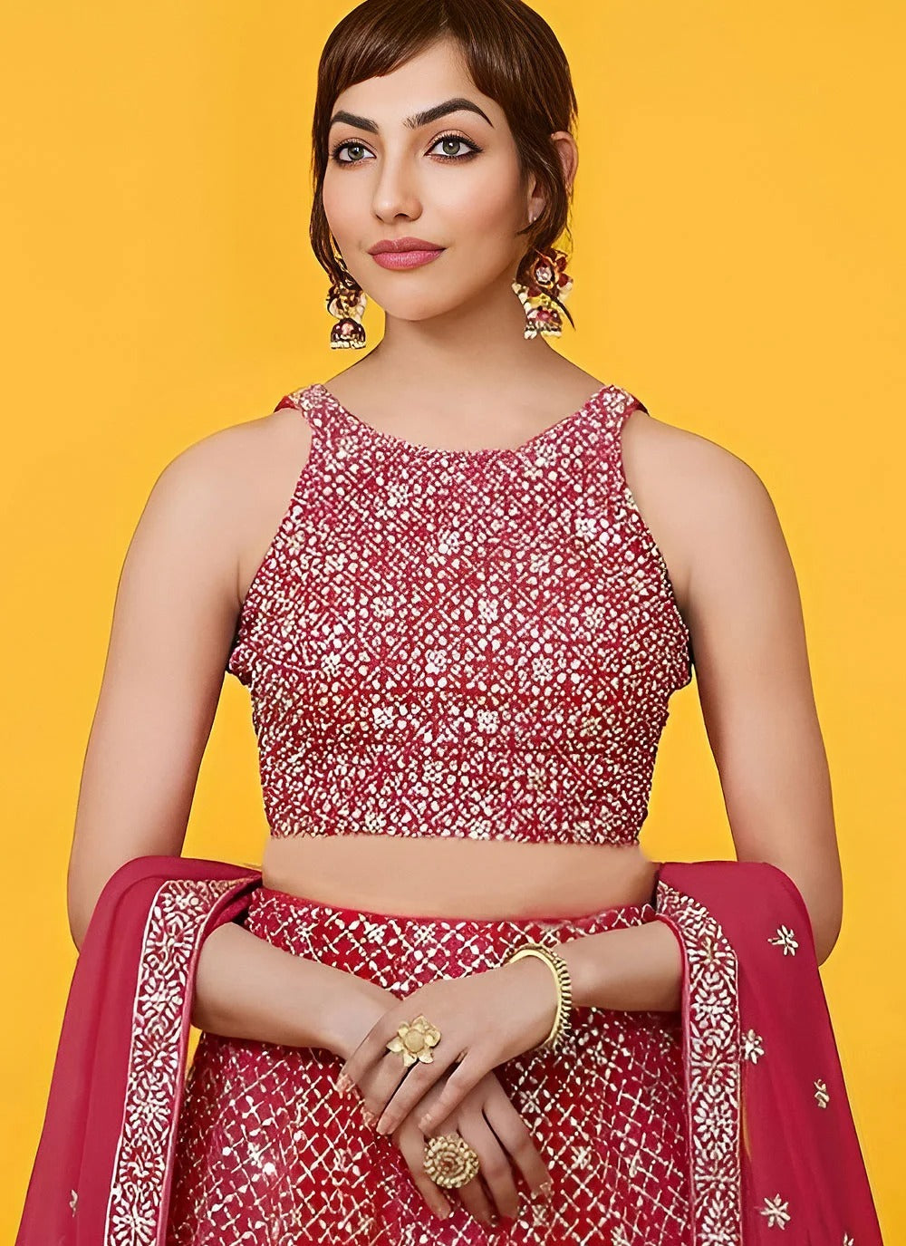 Red georgette wedding guest lehenga with zari sequins embroidery