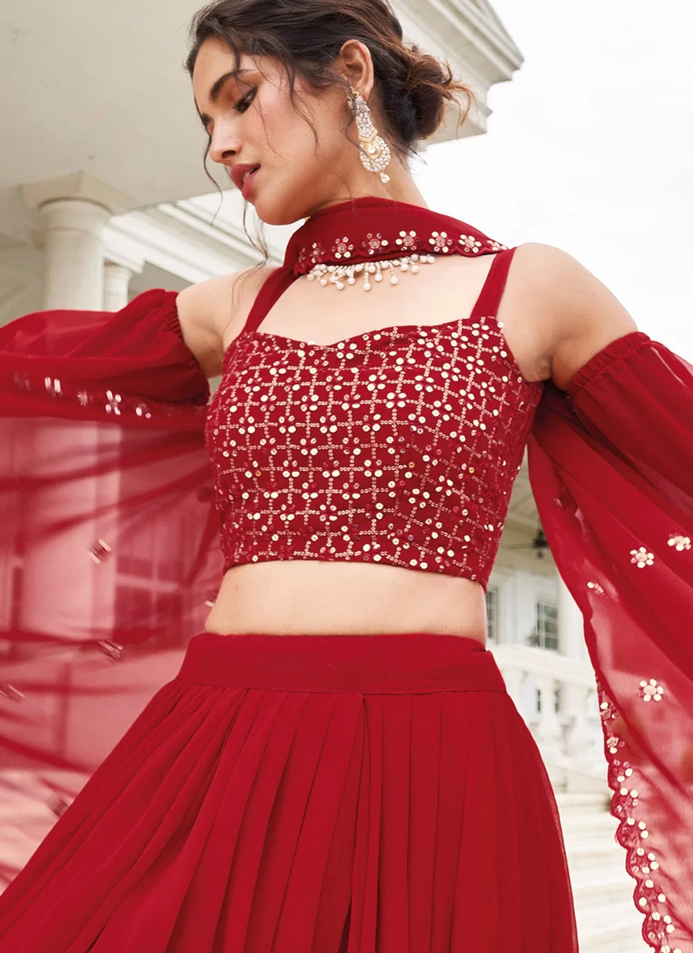 Red sequins georgette party wear lehenga choli with dupatta