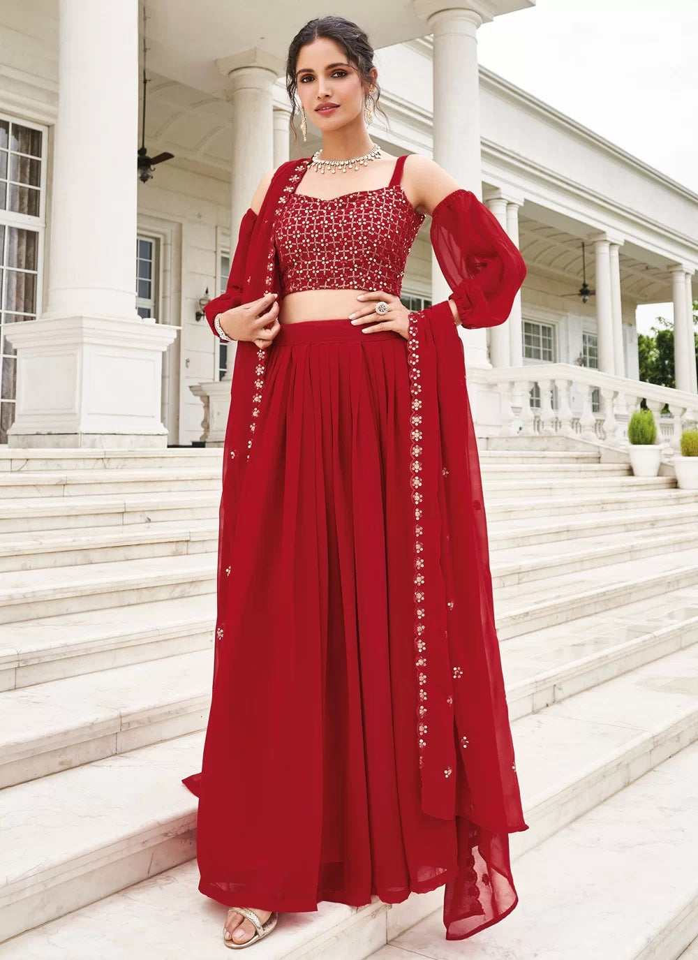 Red sequins georgette party wear lehenga choli with dupatta