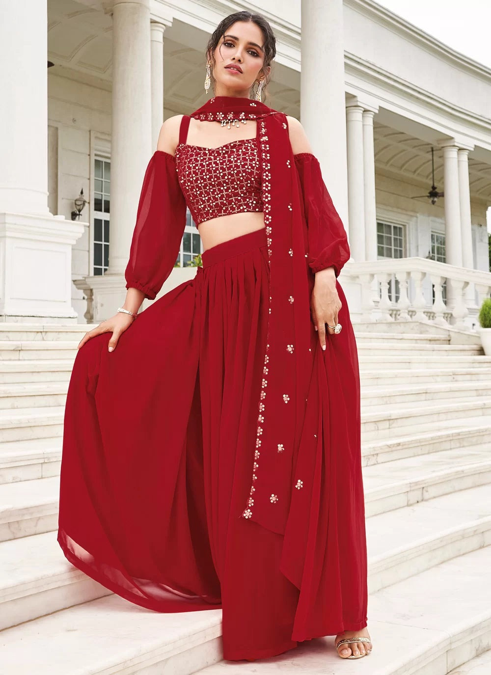 Red sequins georgette party wear lehenga choli with dupatta