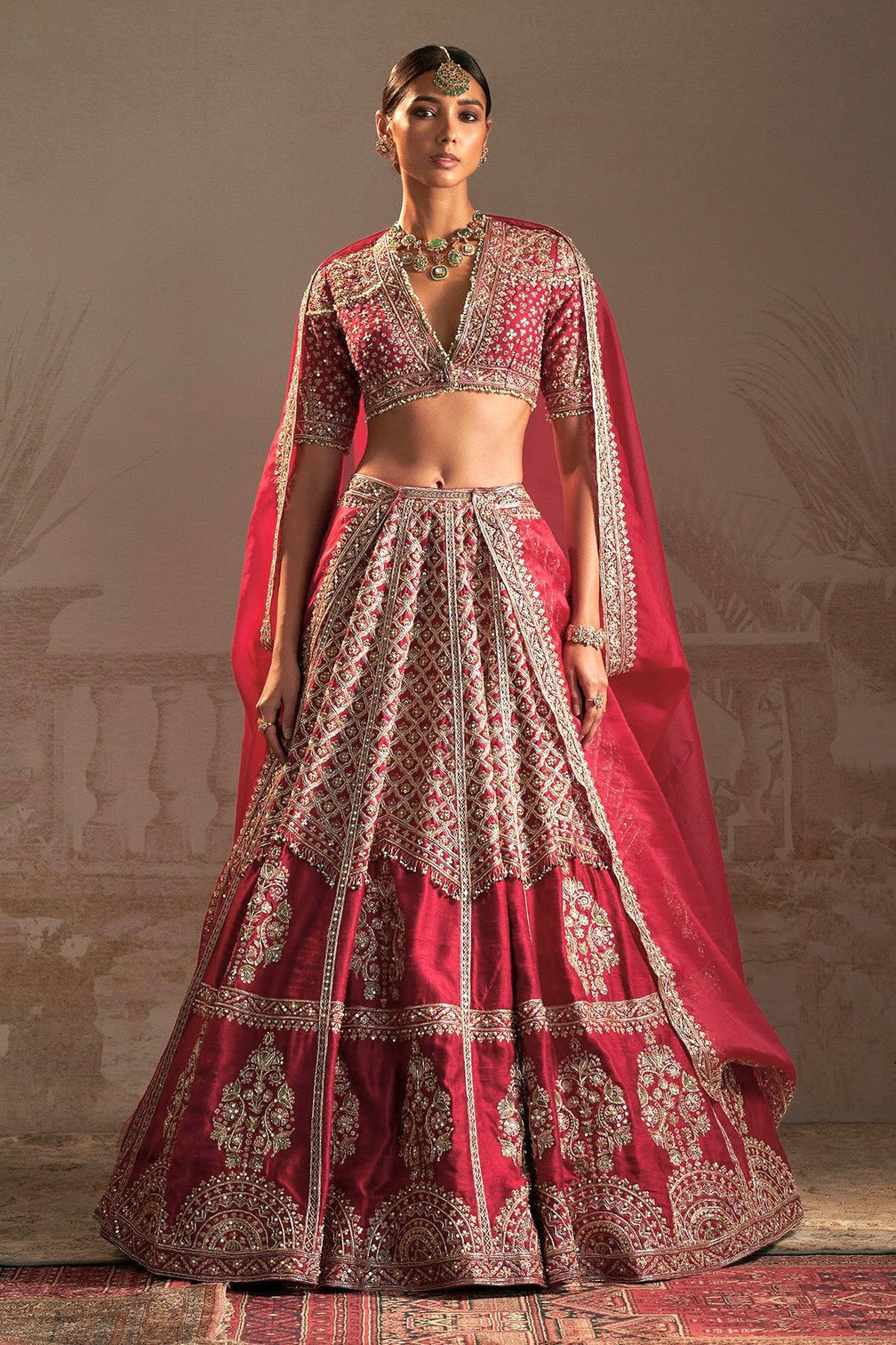 Red Sequins Zari work Bridal Lehenga Set
