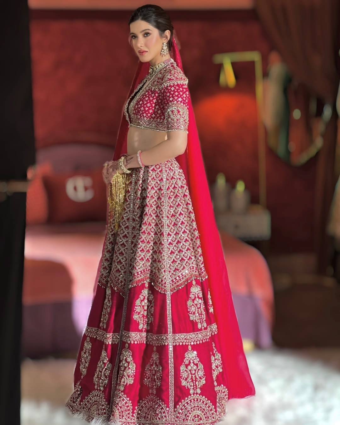 Red Sequins Zari work Bridal Lehenga Set