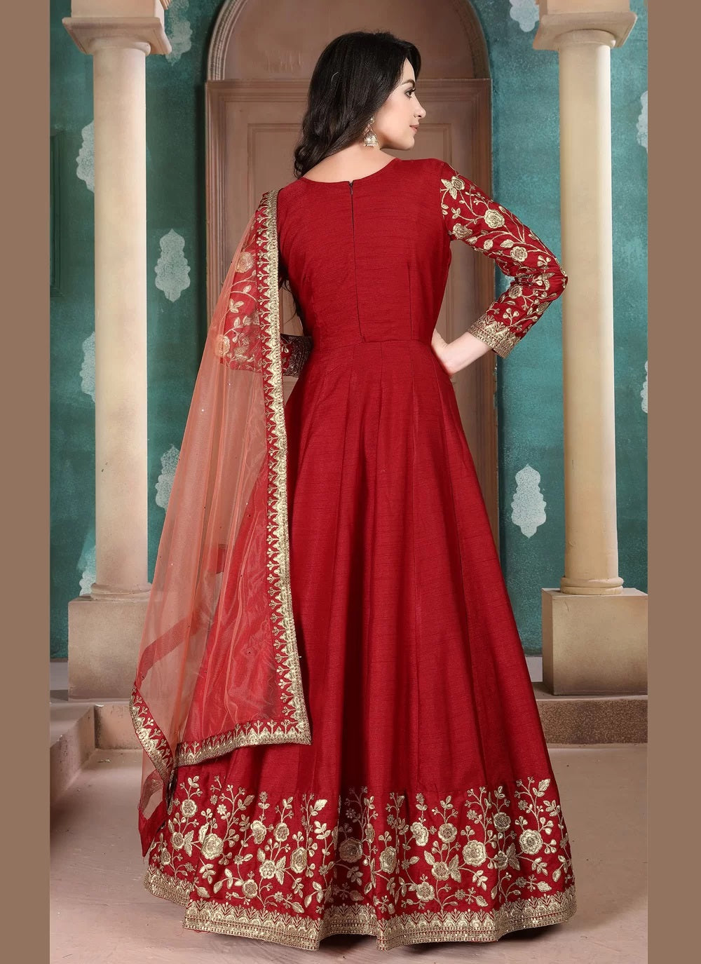 Red silk anarkali with heavy embroidery