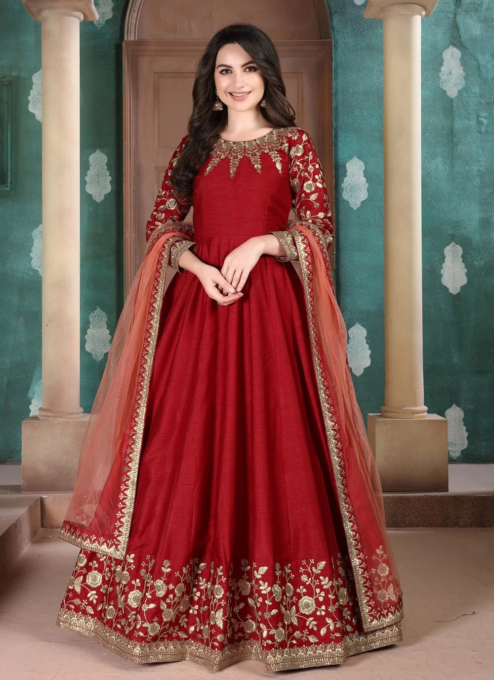 Red silk anarkali with heavy embroidery