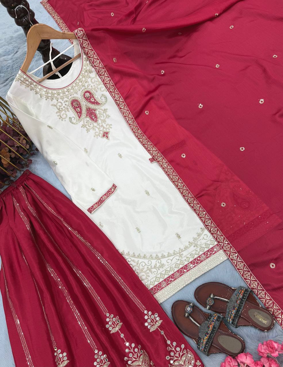 Red Silk Embroidered Palazzo Suit