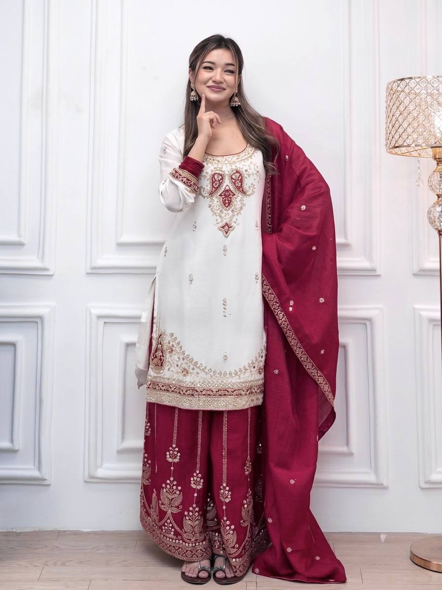 Red Silk Embroidered Palazzo Suit