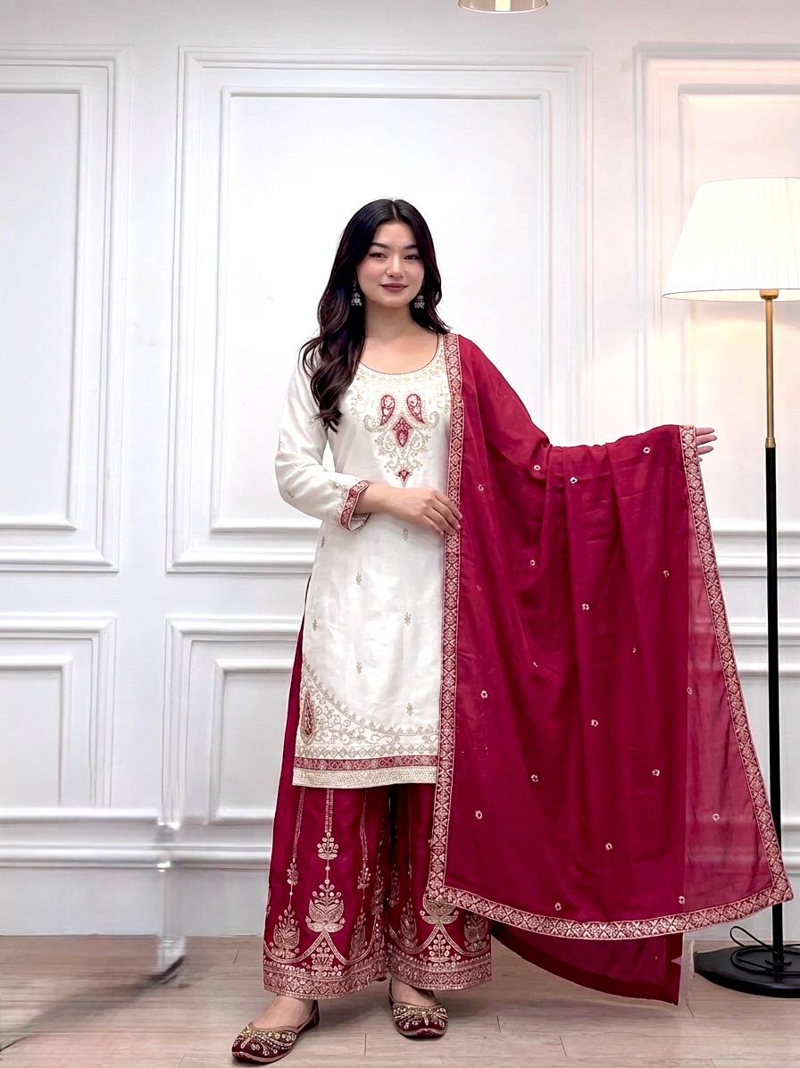 Red Silk Embroidered Palazzo Suit