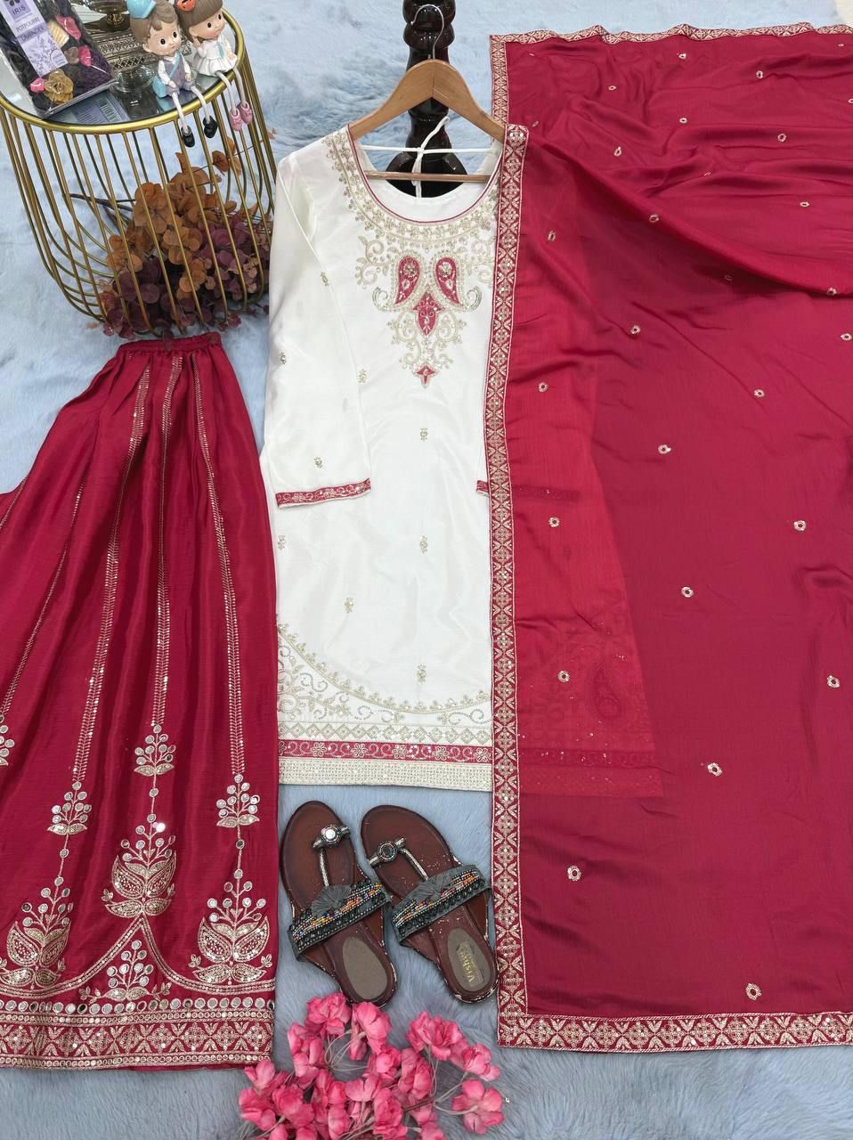 Red Silk Embroidered Palazzo Suit