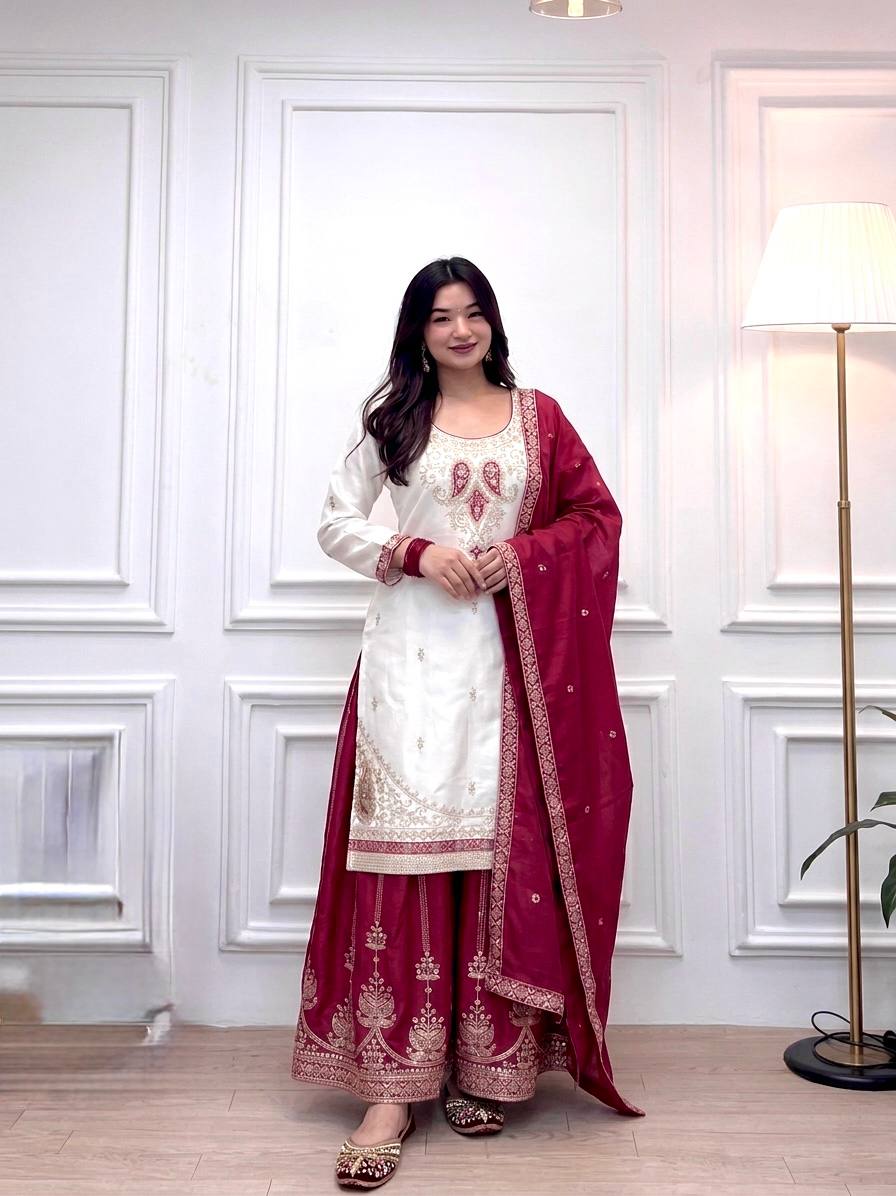 Red Silk Embroidered Palazzo Suit