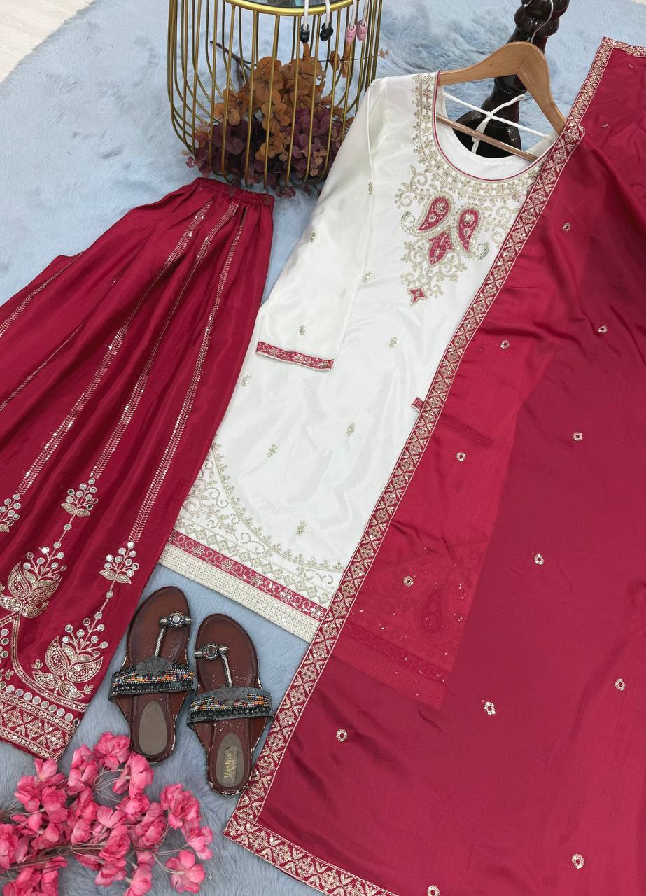 Red Silk Embroidered Palazzo Suit