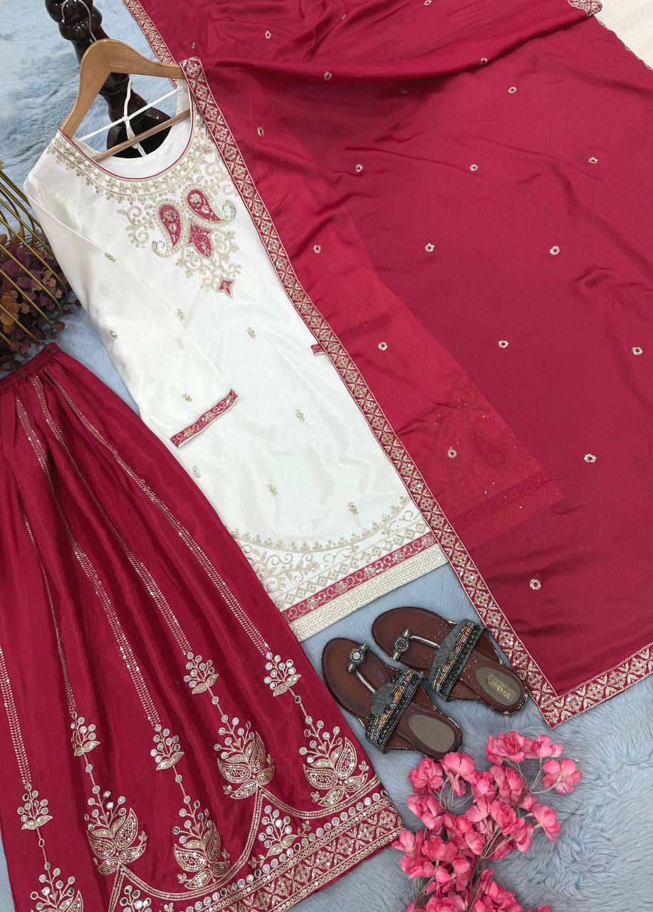 Red Silk Embroidered Palazzo Suit