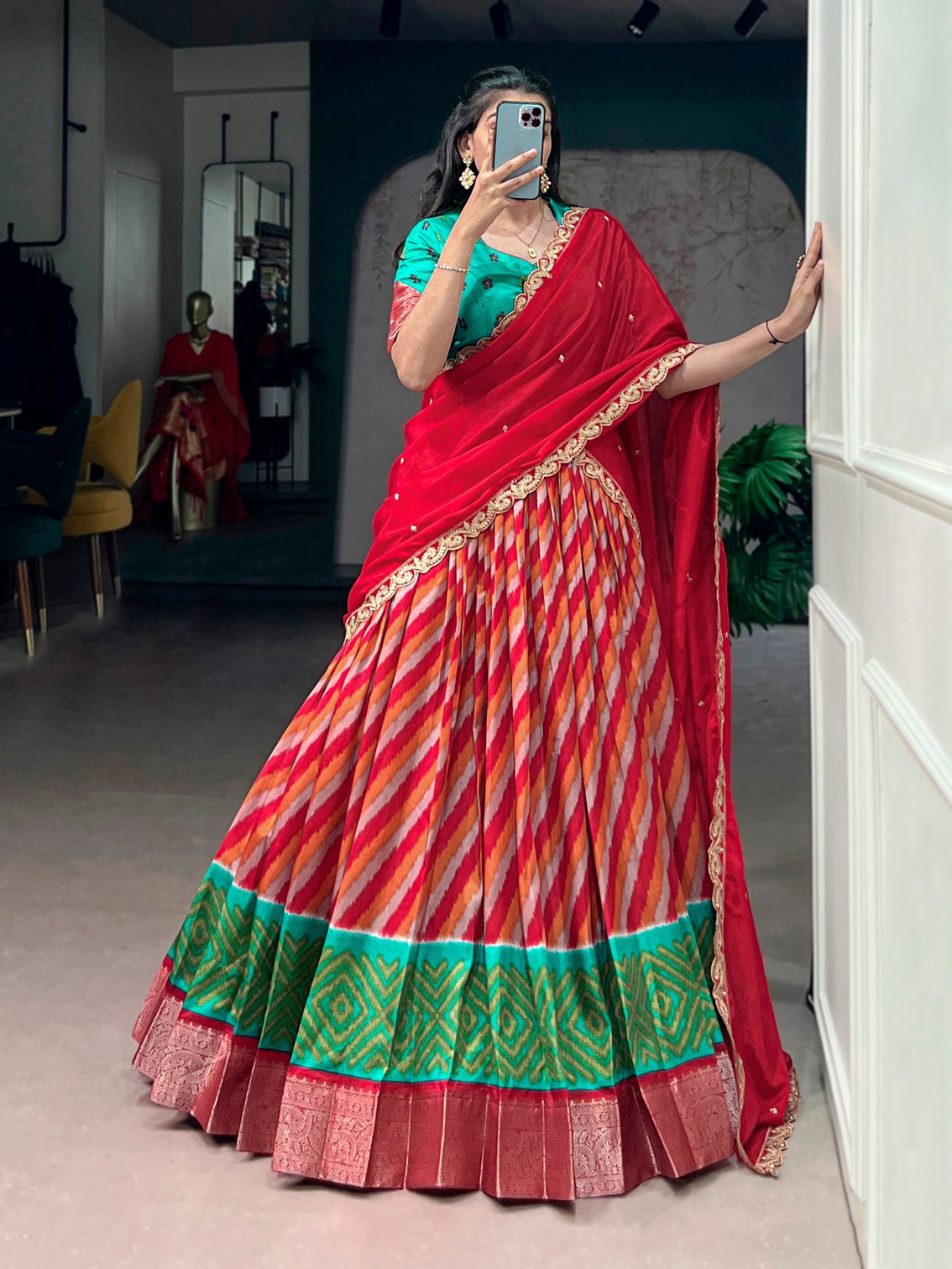 Red Silk Leheriya Print Lehenga Choli