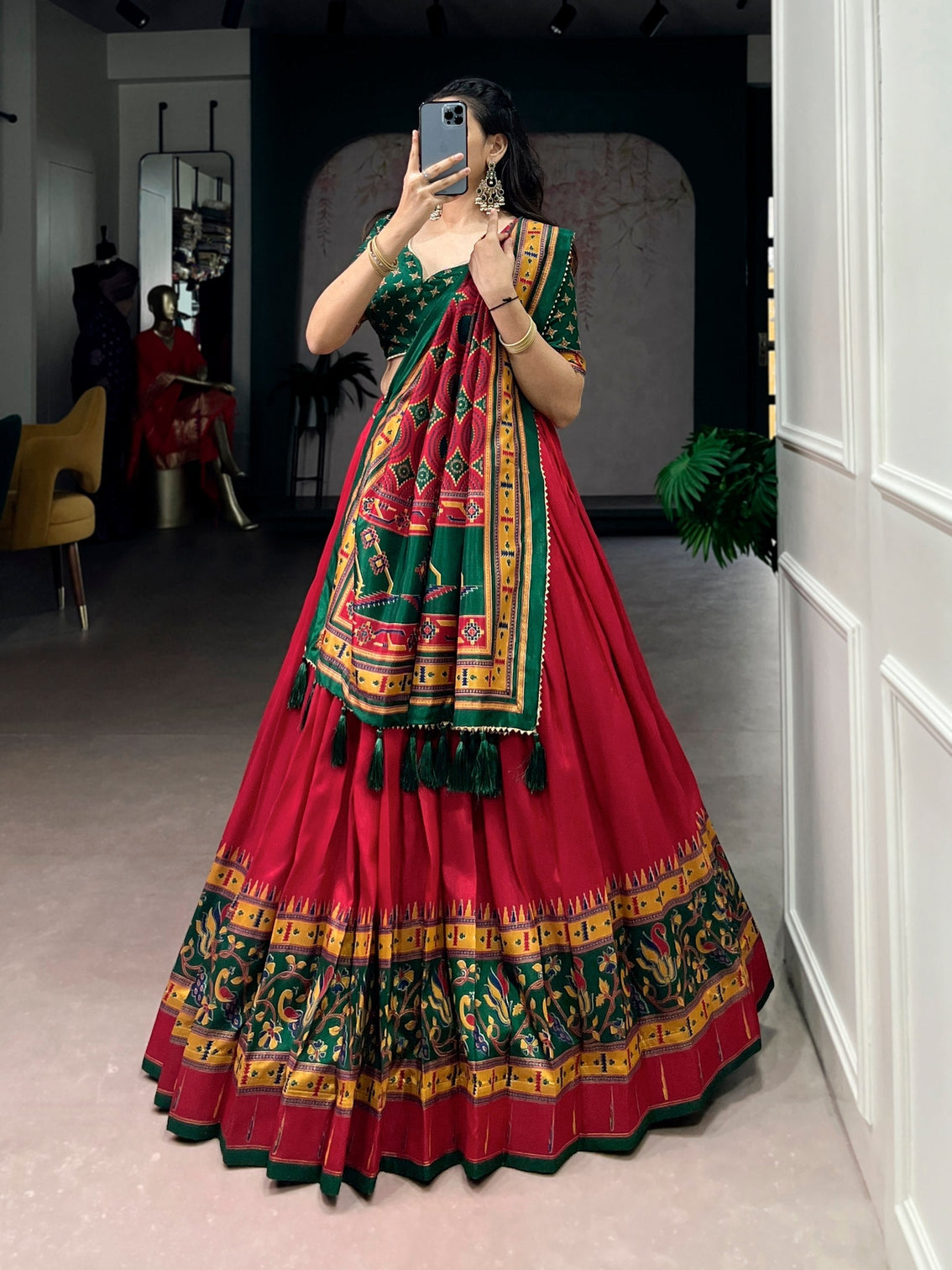Red Silk Printed Lehenga Set