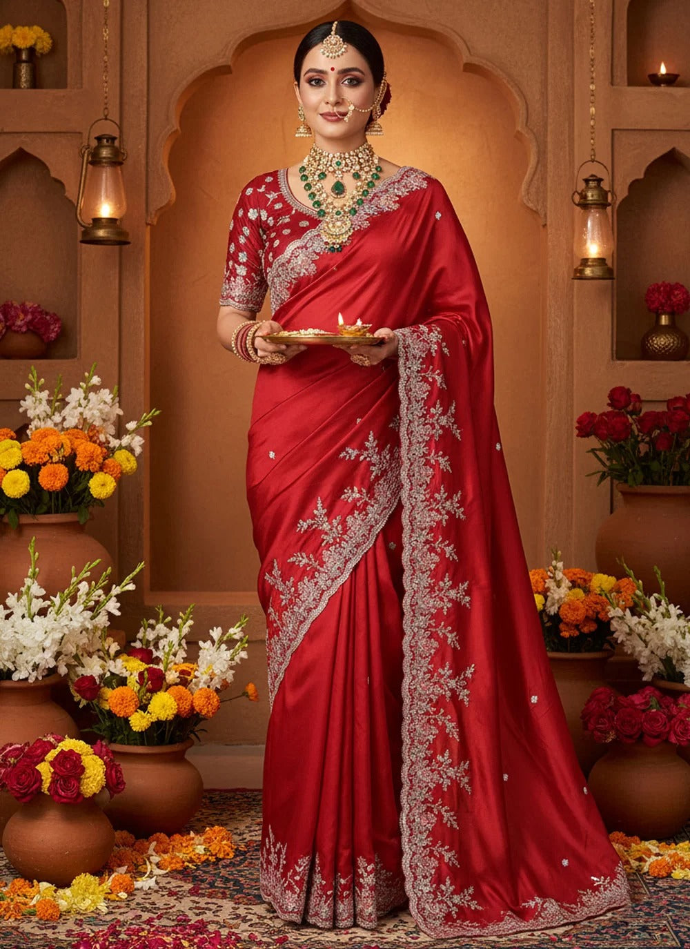 Elegant red soft satin silk karwa chauth saree with multi aari embroidery stone work