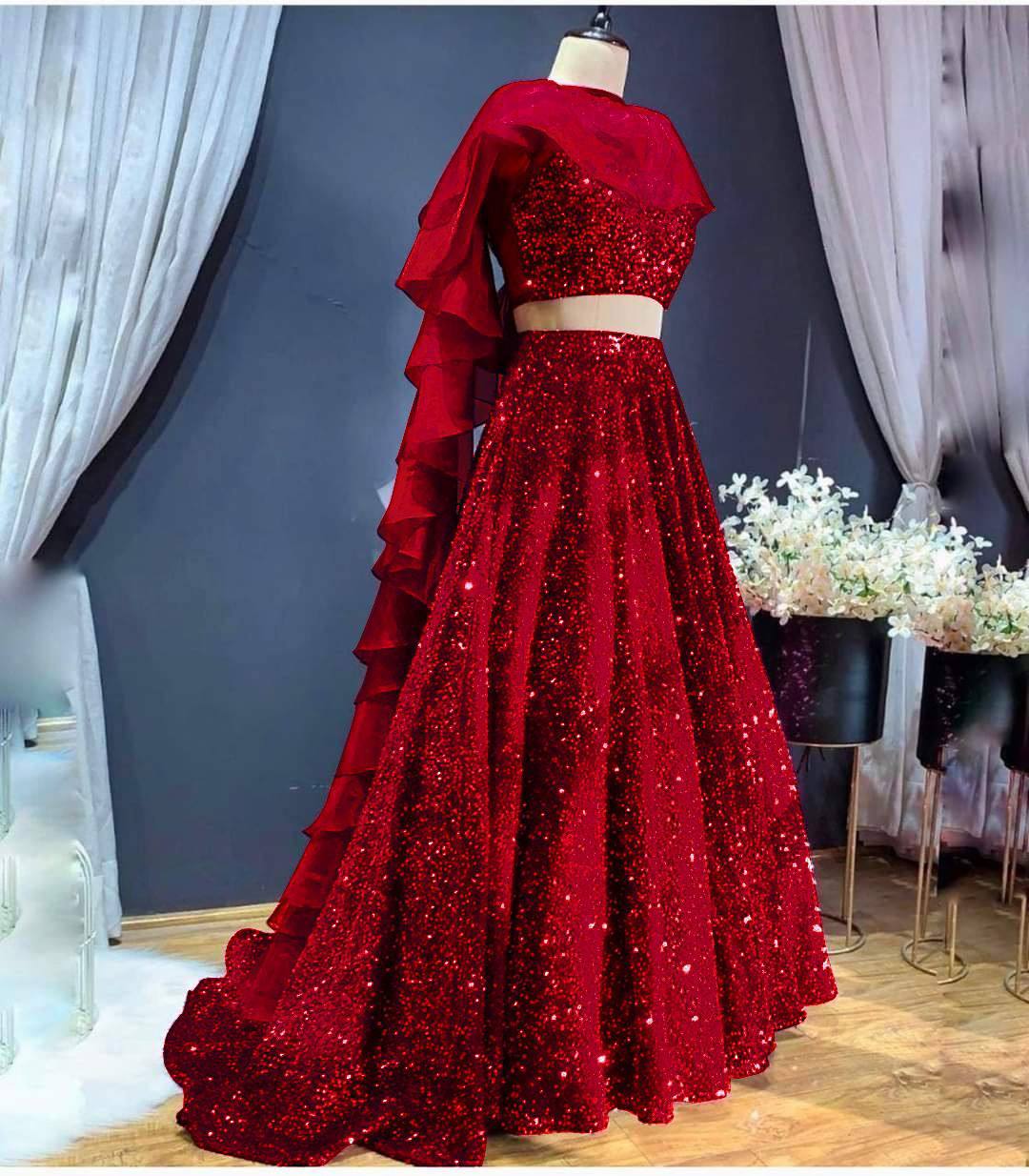 Red Sparkle & Shine – Velvet Sequin Lehenga Set