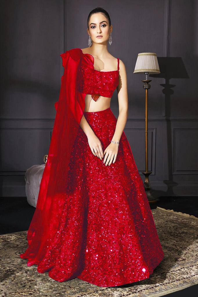 Red Sparkle & Shine – Velvet Sequin Lehenga Set
