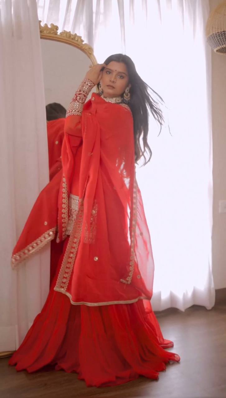 Red Stunning Faux Georgette Sharara Set – A Perfect Festive Ensemble
