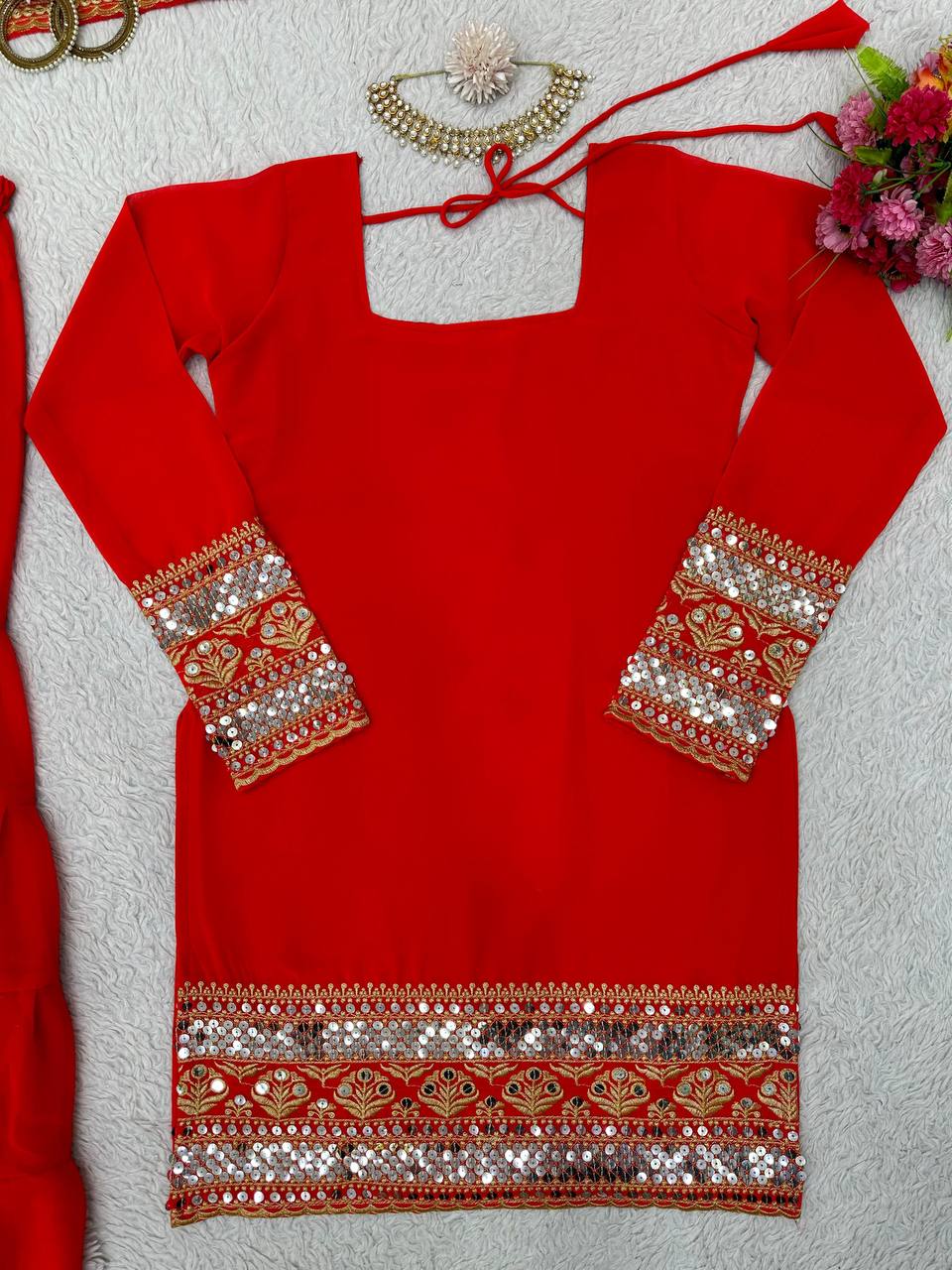 Red Stunning Faux Georgette Sharara Set – A Perfect Festive Ensemble