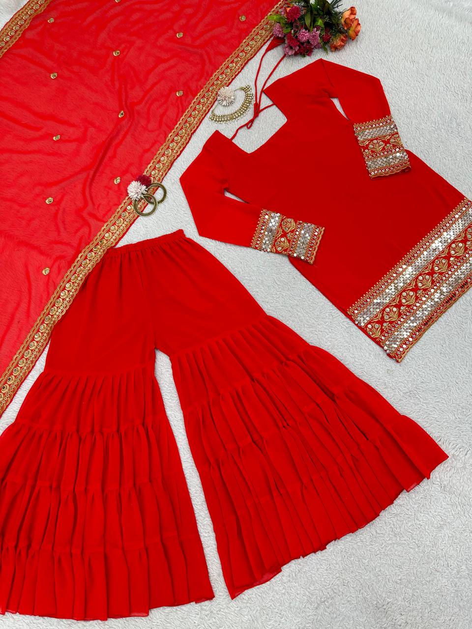 Red Stunning Faux Georgette Sharara Set – A Perfect Festive Ensemble