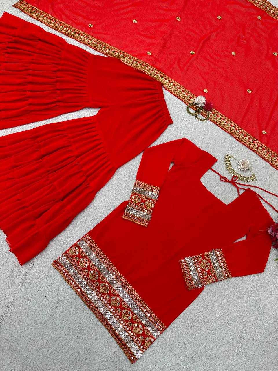 Red Stunning Faux Georgette Sharara Set – A Perfect Festive Ensemble