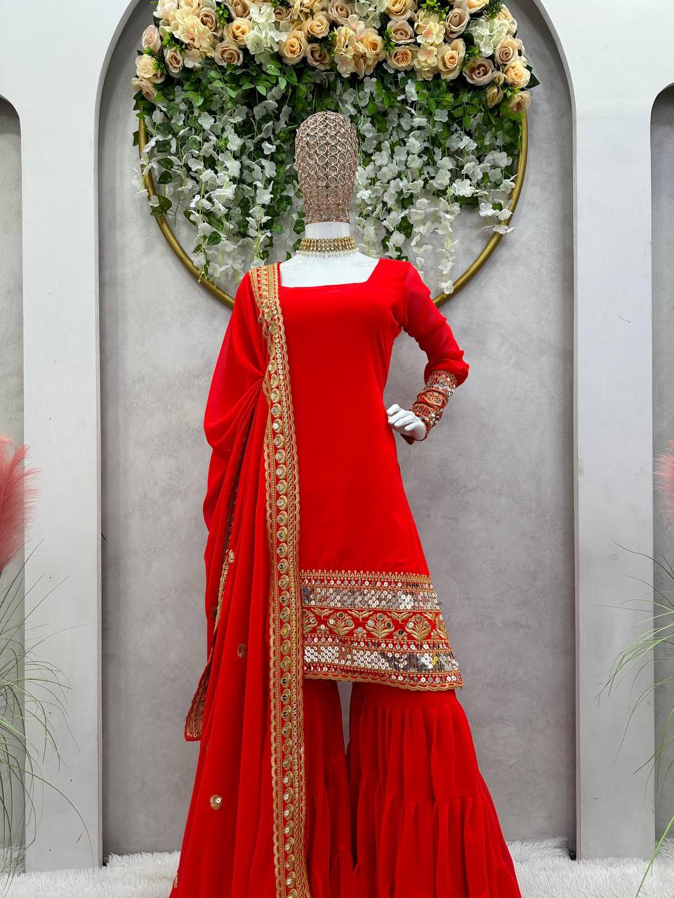 Red Stunning Faux Georgette Sharara Set – A Perfect Festive Ensemble