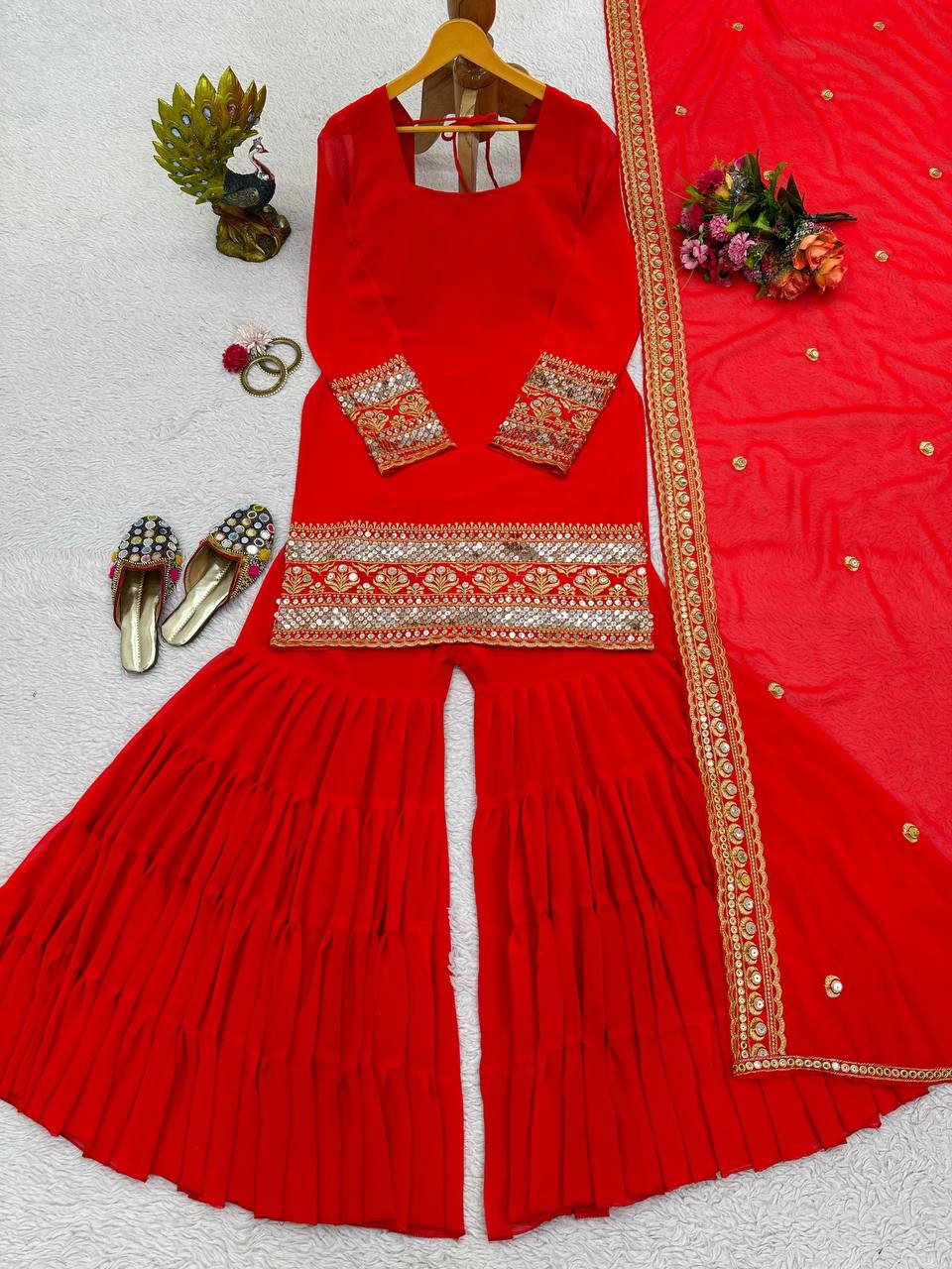 Red Stunning Faux Georgette Sharara Set – A Perfect Festive Ensemble