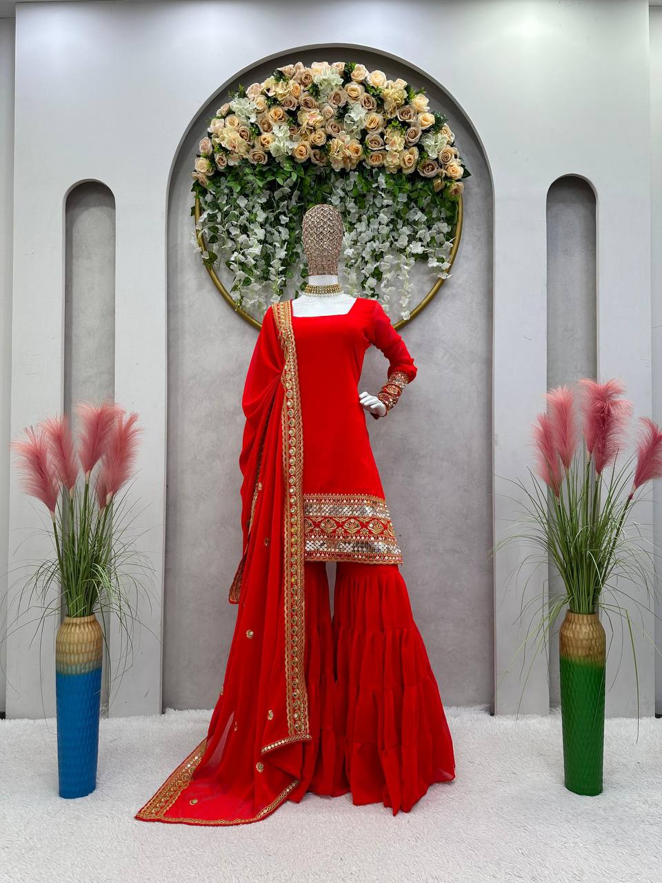 Red Stunning Faux Georgette Sharara Set – A Perfect Festive Ensemble