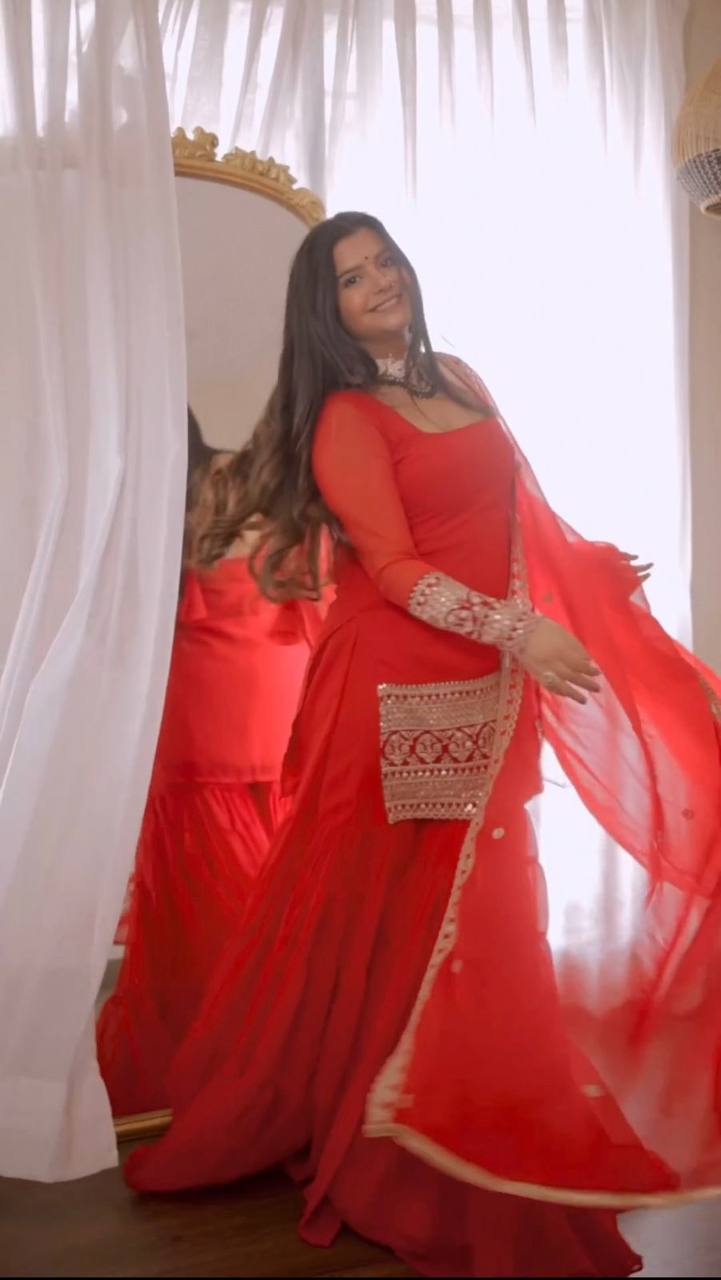Red Stunning Faux Georgette Sharara Set – A Perfect Festive Ensemble