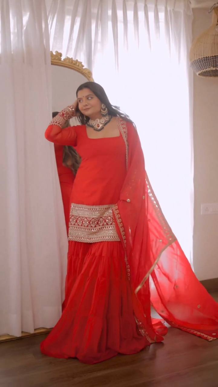 Red Stunning Faux Georgette Sharara Set – A Perfect Festive Ensemble